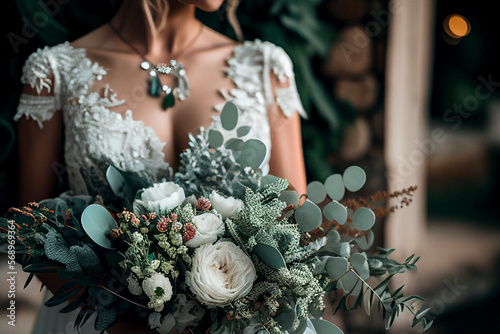 Blissful bride in white holding a charming bridal bouquet of eucalyptus and white flowers - Generative Ai photo