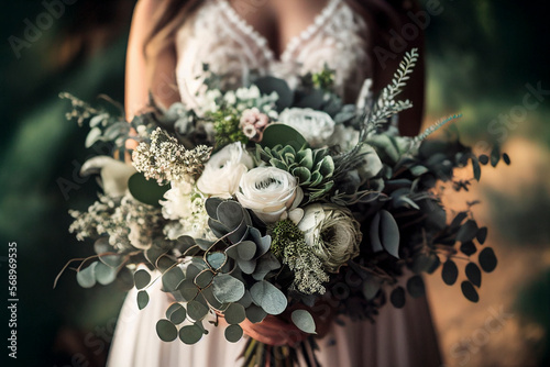 Graceful bride clutching a bouquet of green eucalyptus and white flowers - Generative Ai photo