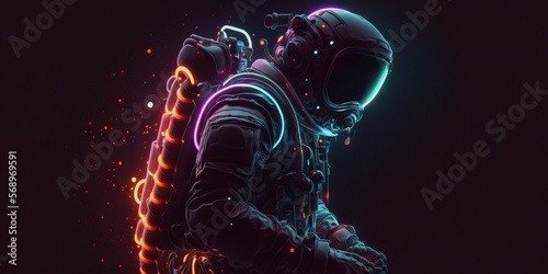 Neon Astronaut Isolated on Black Background. Generative AI.