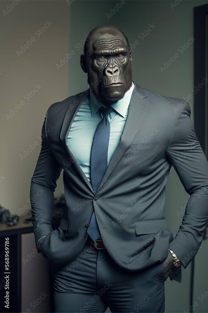 Handsome Gorilla CEO Business Man in Suit. Generative AI.