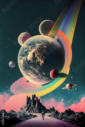 Illustration of Space Landscape, Retro style, Cosmos, Abstract, Crazy, and Psychedelic Background Generative AI