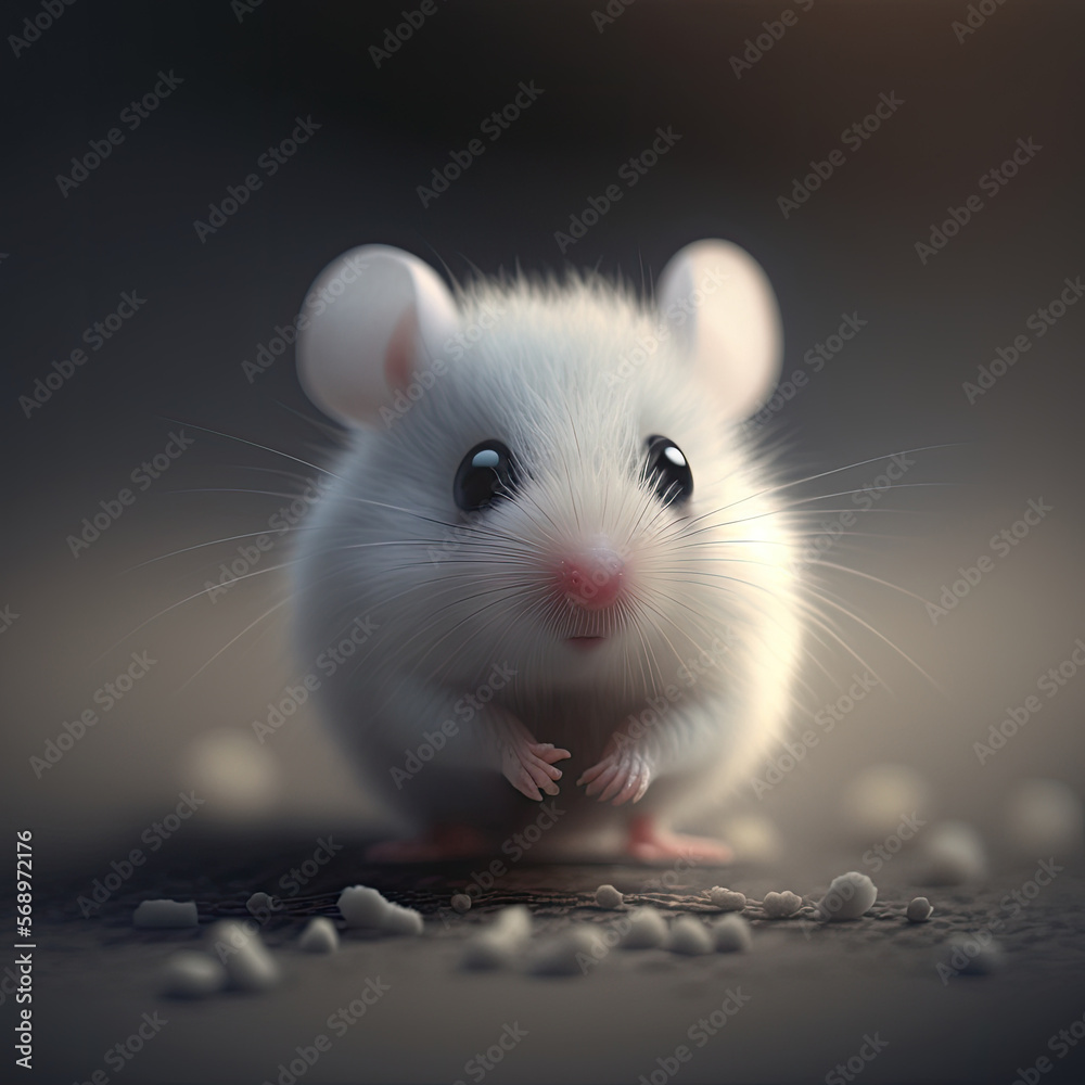 close up of a cute white mouse with food on the floor, Generative AI close up of a cute white mouse with food on the floor, Generative AI