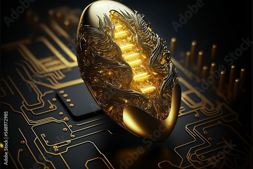 Futuristic Electronic Circuits: 3D Technology and Humanoid Cybernetic Artificial Intelligence on Black and Gold Neutral Network with High Speed Internet. Generative AI.