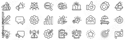 Business strategy, Megaphone and Representative. Brand social project line icons. Influence campaign, social media marketing, brand ambassador icons. Innovation, gift, like sign. Vector