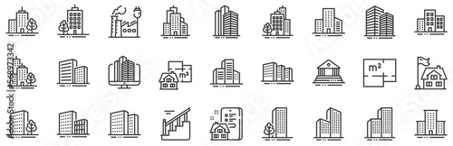 Bank, Hotel, Courthouse. Buildings line icons. City, Real estate, Architecture buildings icons. Hospital, town house, museum. Urban architecture, city skyscraper, downtown. Vector