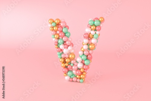 Letter V made of glass balls, pastel pearls, crystal jewels and gold.