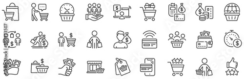 Contactless payment card, shopping cart and group of people. Buyer customer line icons. Store, buyer loyalty card, client ranking set icons. Shopping timer, phone payment, currency. Vector