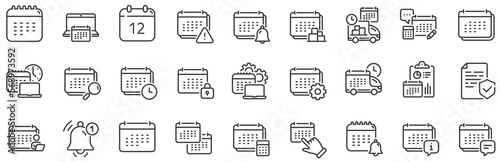 Schedule appointment, Event date, Time planner line icons. Calendar line icons. Account report, Delivery schedule and Diary planner. Event calendar, Deadline notification and month report. Vector