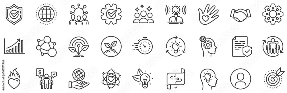 Integrity, Target purpose and Strategy. Core values line icons. Trust handshake, social responsibility, commitment goal icons. Growth chart, innovation, core values network. Vector Integrity, Target purpose and Strategy. Core values line icons. Trust handshake, social responsibility, commitment goal icons. Growth chart, innovation, core values network. Vector