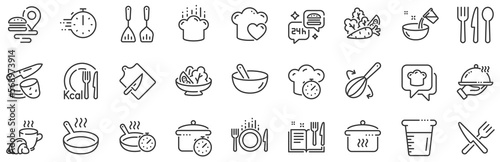 Boiling time, Frying pan and Kitchen utensils. Cooking line icons. Fork, spoon and knife line icons. Recipe book, chef hat and cutting board. Cooking book, frying time, hot pan. Vector