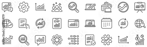 Set of Chart, Report document and Graph icons. Analytics, Statistics line icons. Data analytics, Presentation chart and Communication. Global Statistics, hold document and checklist report. Vector