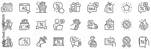 Sale Coupon, phone with percent sign, Discount price tag. Discounts line icons. Wholesale store market, calendar, hot deal line icons. Coupon ticket, megaphone offer, delivery discount. Vector