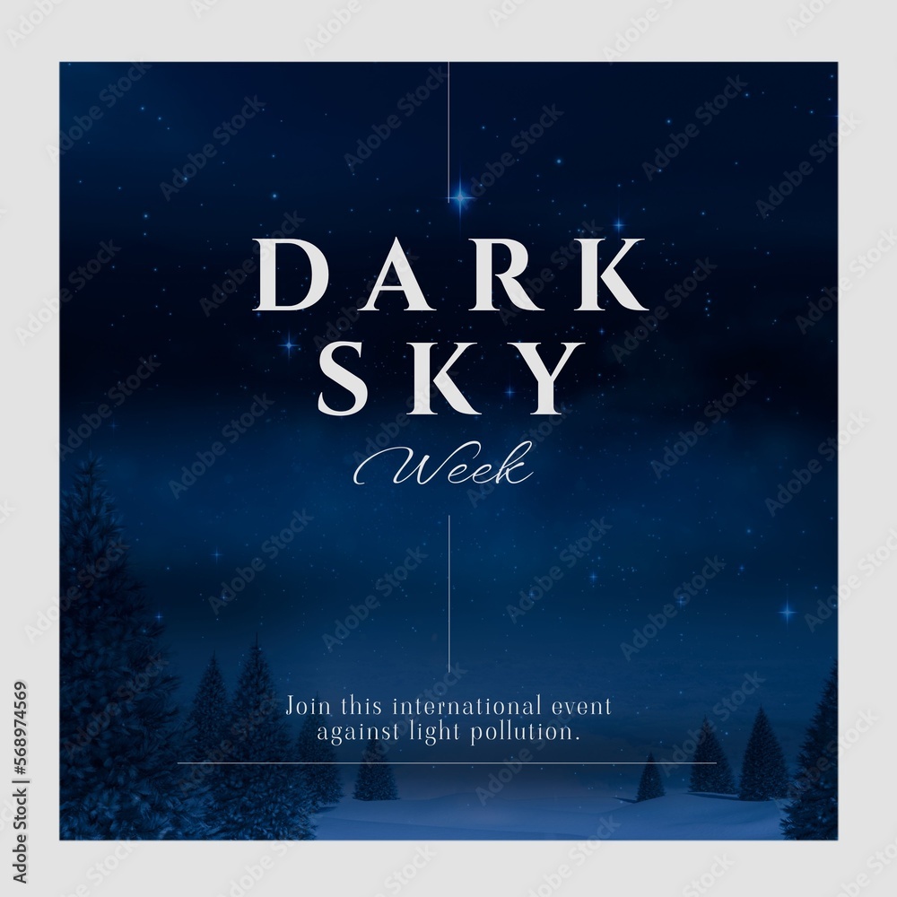 Naklejka premium Composition of dark sky week text and fir trees over space and stars