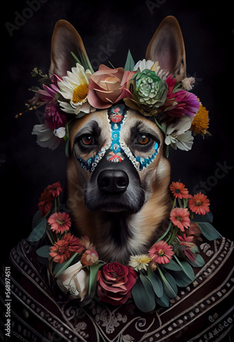 Dog with sugar skull and flowers, day of dead. Dia de los muertos mexican holiday background. Generative AI