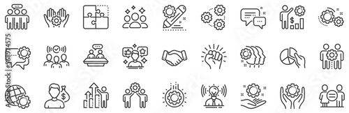 Business strategy, handshake and people collaboration. Employees benefits line icons. Teamwork, social responsibility, people relationship icons. Growth chart, employees benefits. Vector