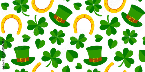 Clover vector seamless pattern, Saint Patricks Day, shamrock leaf and horseshoe, green plant background. Nature ireland illustration