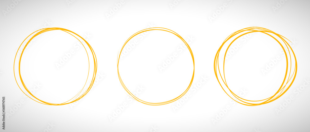 Orange circle line hand drawn set. Highlight hand drawing circle isolated on background. Round handwritten circle. For marking text, note, mark icon, number, marker pen, pencil and text check, vector Orange circle line hand drawn set. Highlight hand drawing circle isolated on background. Round handwritten circle. For marking text, note, mark icon, number, marker pen, pencil and text check, vector