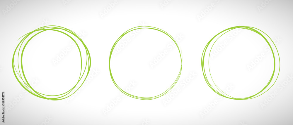 Green circle line hand drawn set. Highlight hand drawing circle isolated on background. Round handwritten circle. For marking text, note, mark icon, number, marker pen, pencil and text check, vector Green circle line hand drawn set. Highlight hand drawing circle isolated on background. Round handwritten circle. For marking text, note, mark icon, number, marker pen, pencil and text check, vector