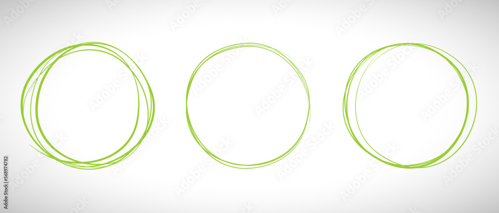 Green circle line hand drawn set. Highlight hand drawing circle isolated on background. Round handwritten circle. For marking text, note, mark icon, number, marker pen, pencil and text check, vector Green circle line hand drawn set. Highlight hand drawing circle isolated on background. Round handwritten circle. For marking text, note, mark icon, number, marker pen, pencil and text check, vector