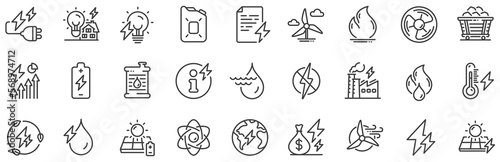 Coal Trolley, Solar Panels, Hydroelectric Power icons. Energy types line icons. Sustainable Electricity, Battery Energy, Fuel canister. Windmill power, Coal mine and Hydroelectricity. Vector