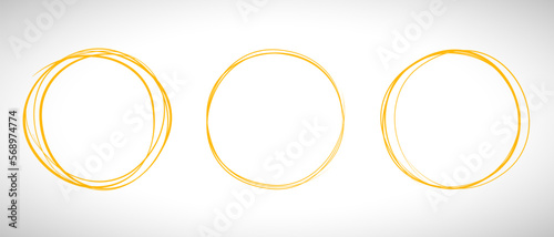 Orange circle line hand drawn set. Highlight hand drawing circle isolated on background. Round handwritten circle. For marking text, note, mark icon, number, marker pen, pencil and text check, vector