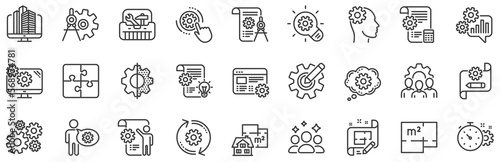 Set of Idea bulb, Dividers tools and Blueprint linear icons. Engineering line icons. Cogwheel, calculate price, mechanical tools. Idea bulb with cog, architect dividers, engineering people. Vector
