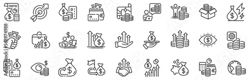 Accounting coins, Budget Investment, Trade Strategy icons. Finance line icons. Finance management, Budget gain and Business asset. Money economy, Loan in dollars and Treasure map. Vector
