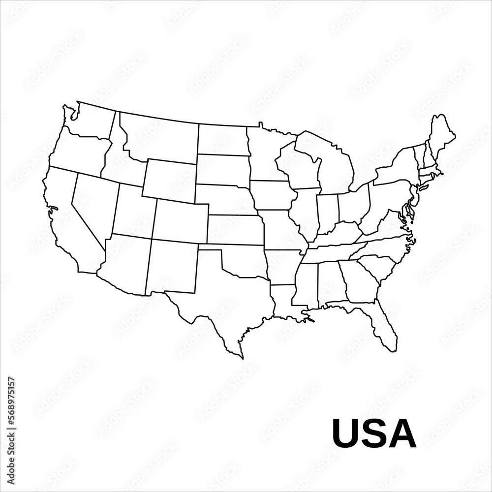 Outline drawing of a map of America on a white background. Outline