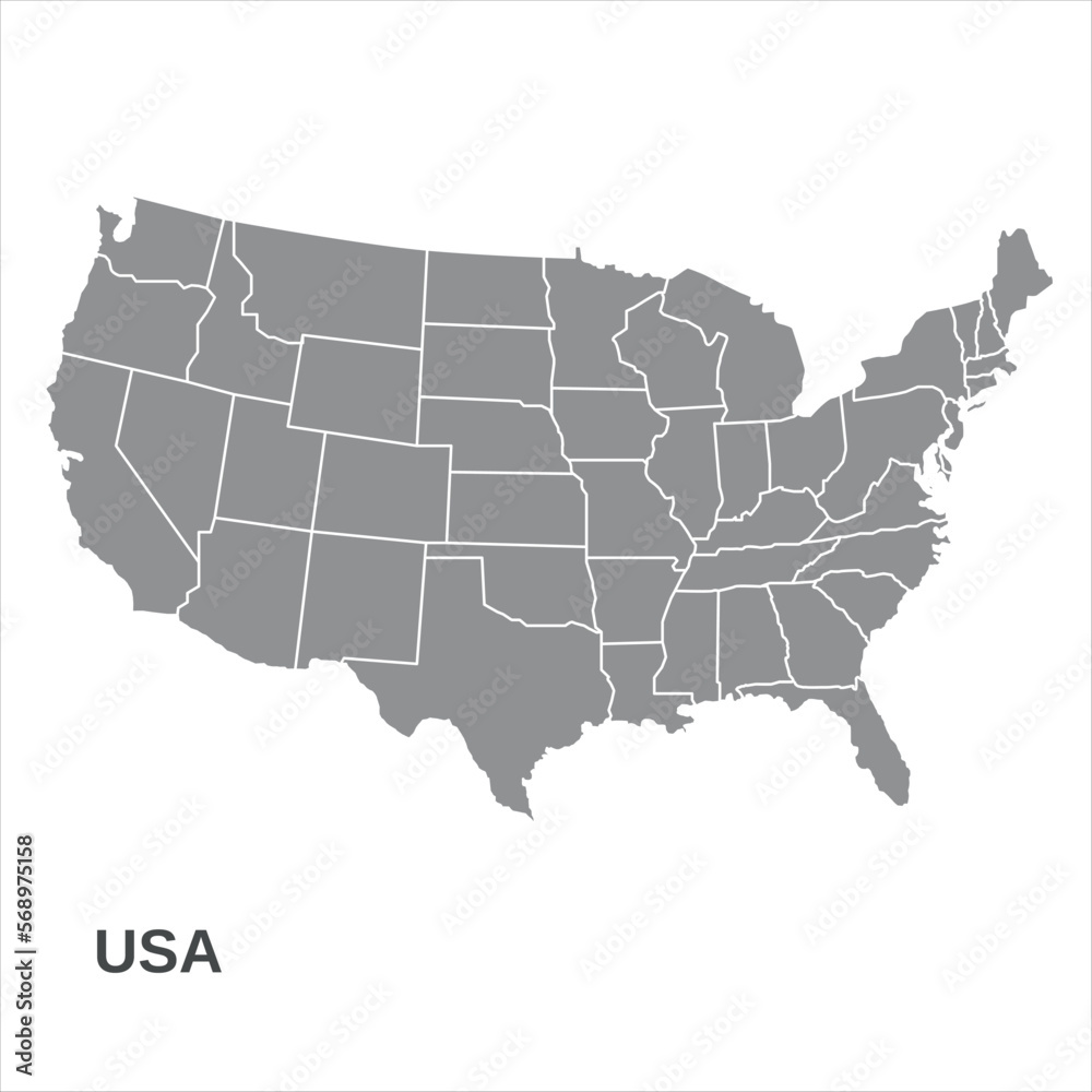America map vector drawing on a white background. Vector illustration USA map. Outline template drawing of America in gray.