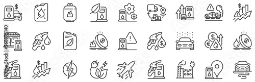 Petrol canister, diesel fuel and gas cylinder set. Gas station line icons. Eco leaf, Fuel station and petrol canister line icons. Liquefied gas, rising prices and oil energy. Vector