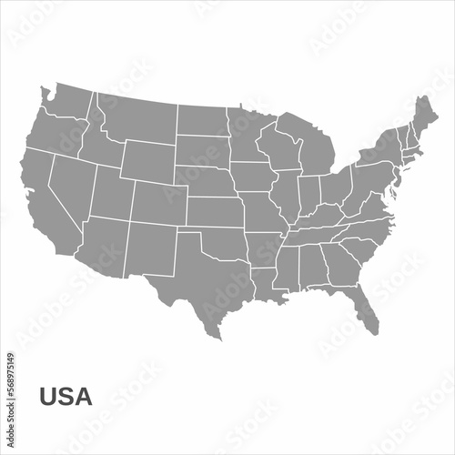 Outline drawing of a map of America on a white background. Outline illustration of USA map in grey. USA map isolate on white background.