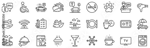 Wi-Fi, Air conditioning and Coffee maker machine. Hotel service line icons. Spa stones, swimming pool and bike rental icons. Hotel parking, safe and shower. Food, coffee cup. Vector