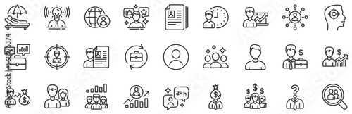 Business networking contract, Job Interview and Head Hunting contract icons. Human Resources, head hunting line icons. CV, Teamwork and Portfolio symbols. Business career, human, interview. Vector