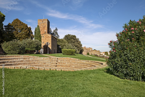 Tuscania, Viterbo, Lazio, Italy:  the public park Torre di Lavello with the medieval tower in the downtown of the ancient Italian town founded in Etruscan times