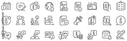 Reception information, Journey path, Guide book. Info center line icons. Call center, Faq chat bubbles, Info help desk icons. Question mark, Search information and Customer help service. Vector