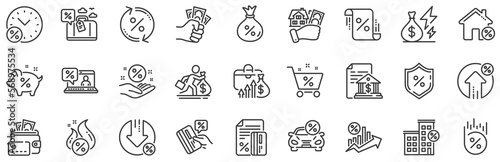 Set of Investment, Interest rate and Percentage diagram linear icons. Loan line icons. Car leasing, analytics plan, Credit card percent and loan rate. Bank mortgage, leasing, interest graph. Vector