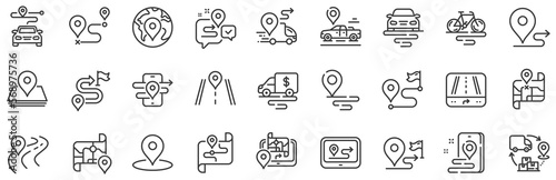 Journey path, Route map and Trip distance. Road map line icons. GPS street pin, Car route and Distance flag icons. Road trip, highway traffic and journey travel map. Navigation target pointer. Vector