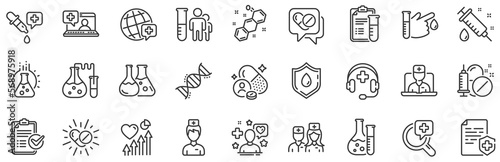 Drug testing, scientific discovery and disease prevention signs. Medical healthcare, doctor line icons. Chemical formula, medical doctor research, chemistry testing lab icons. Vector