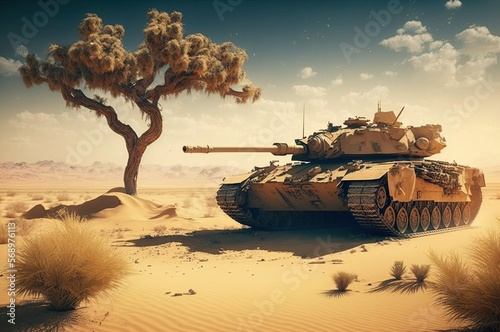 Illustration of a military tank in the desert. AI generated art. 