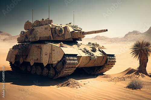 Military tanks in desert. AI generated art. 