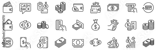 Set of Banking, Wallet and Coins icons. Money line icons. Credit card, Currency exchange and Cashback money service. Euro and Dollar, Cash wallet, exchange. Banking credit card, atm payment. Vector
