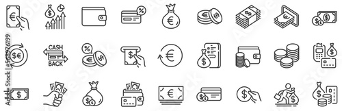 Set of Credit card, Cash and Coins icons. Money wallet line icons. Banking, Currency exchange and Cashback service. Wallet, Euro and Dollar money, credit card. Cash exchange, bank payment. Vector