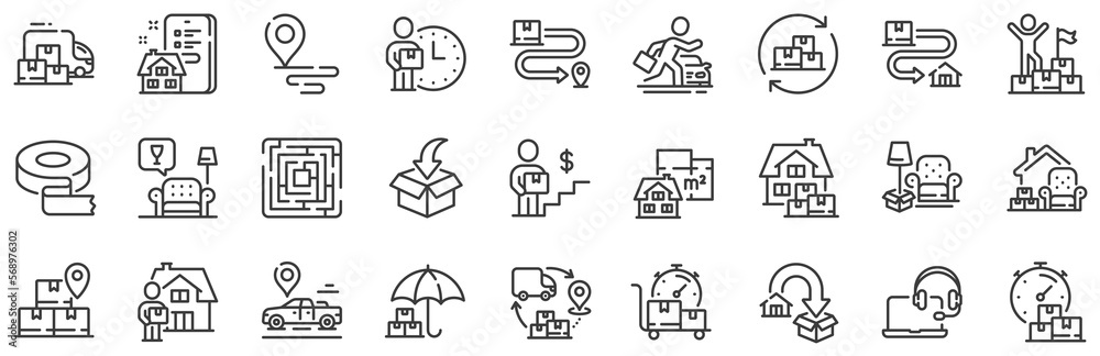 Furniture move, rent space and adhesive tape set. Moving service line icons. Package delivery, relocation service and carrying man line icons. Move parcel, delivery truck and maze labyrinth. Vector Furniture move, rent space and adhesive tape set. Moving service line icons. Package delivery, relocation service and carrying man line icons. Move parcel, delivery truck and maze labyrinth. Vector