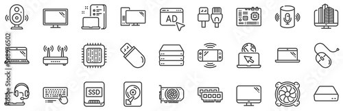 Motherboard, CPU, Internet cables icons. Computer components, Laptop, SSD line icons. Wifi router, computer monitor, Graphic card. Keyboard, SSD device. Internet cables, laptop components. Vector