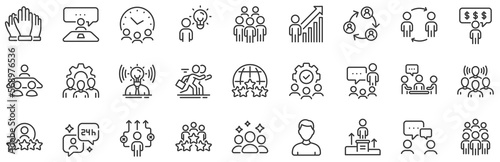 Team, meeting, job structure. Business people line icons. Group people, communication, member icons. Congress, talk person, partnership. Job interview, business idea, voting. Vector