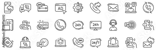 Set of Callback or feedback, Call support and Chat message icons. Processing line icons. 24 hour service, Call centre, 24h. Telephone callback, support message, feedback phone center. Vector