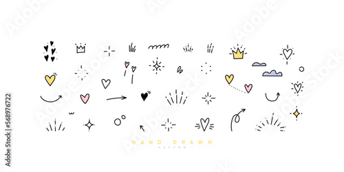 Doodle illustrations set. Cute hand drawn lements of doodles, stars, sparkles, hearts, decorations, frames, speech bubbles, arrows