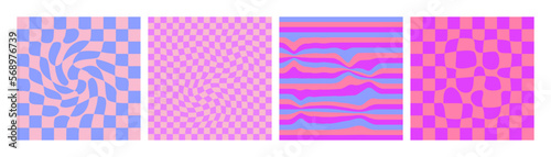 Set of twisted gingham checkerboard, rays and waves background in purple color. Groovy hippie multicolored chessboard pattern. Retro wavy 60s 70s abstract psychedelic design. Vector illustration