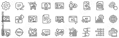 Set of Increase sales, Business Ad strategy and Website optimization icons. Seo line icons. Puzzle, Web seo timer and Analytics increase graph. Search engine, Ad sales pie chart, like icon. Vector