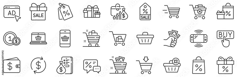Gift, Present and Sale offer signs. Shopping wallet line icons. Shopping cart, Delivery gift and Tags symbols. Speech bubble, Discount, sale and wallet. Online buying. Surprise present. Vector